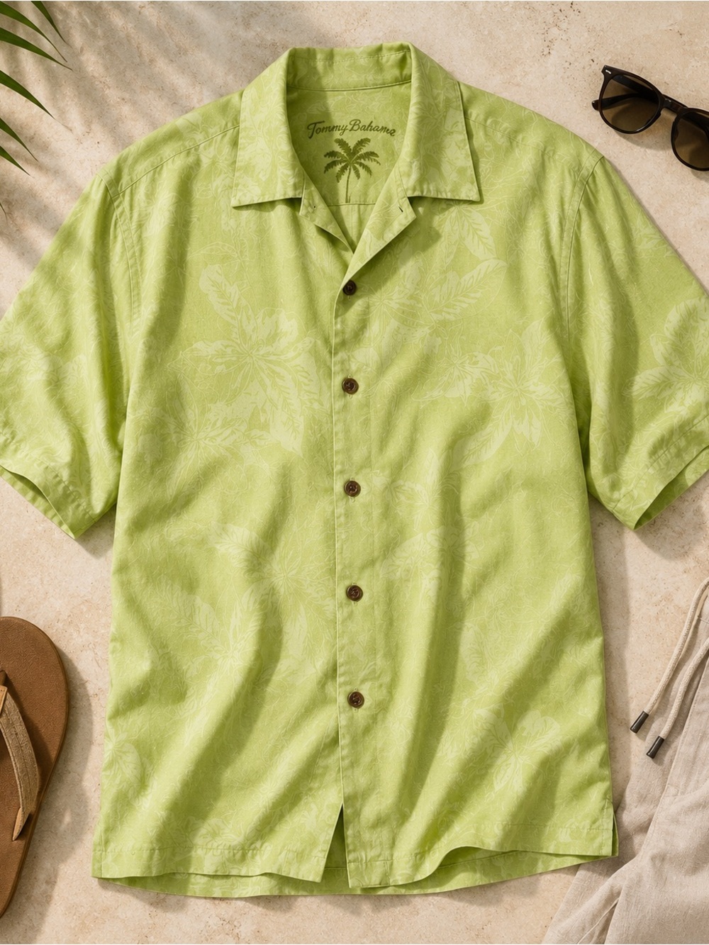 Tommy Bahama 100% Silk Hawaiian Camp Shirt Lime Green Floral